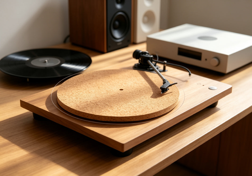 AUDURA 12 inch cork turntable mat installed on a standard 12 inch turntable for broad compatibility