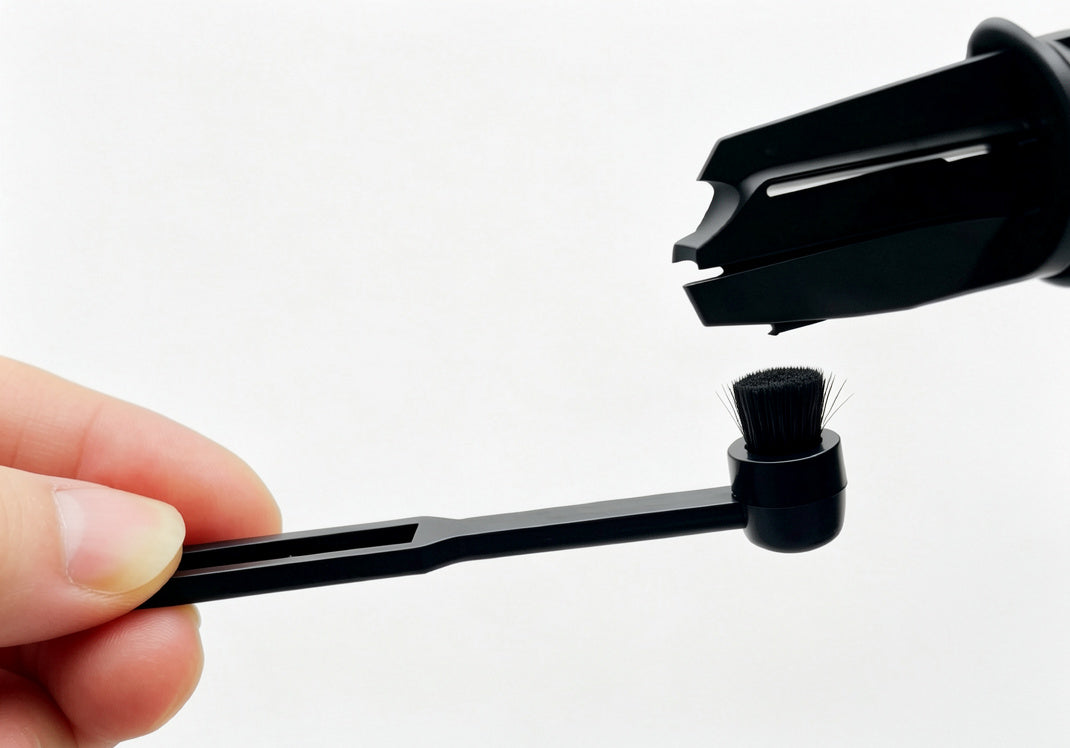 Close up view of AUDURA anti-static stylus cleaning brush soft bristles