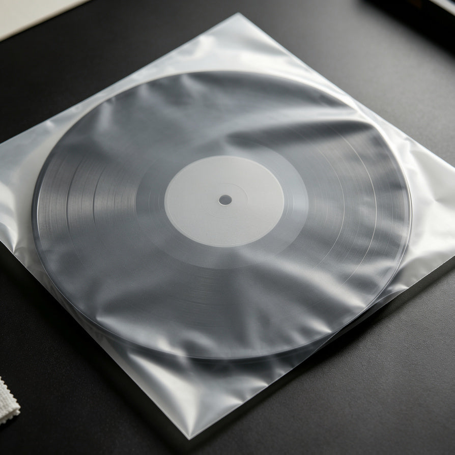 Close-up of AUDURA anti-static vinyl record inner sleeve material designed for surface protection
