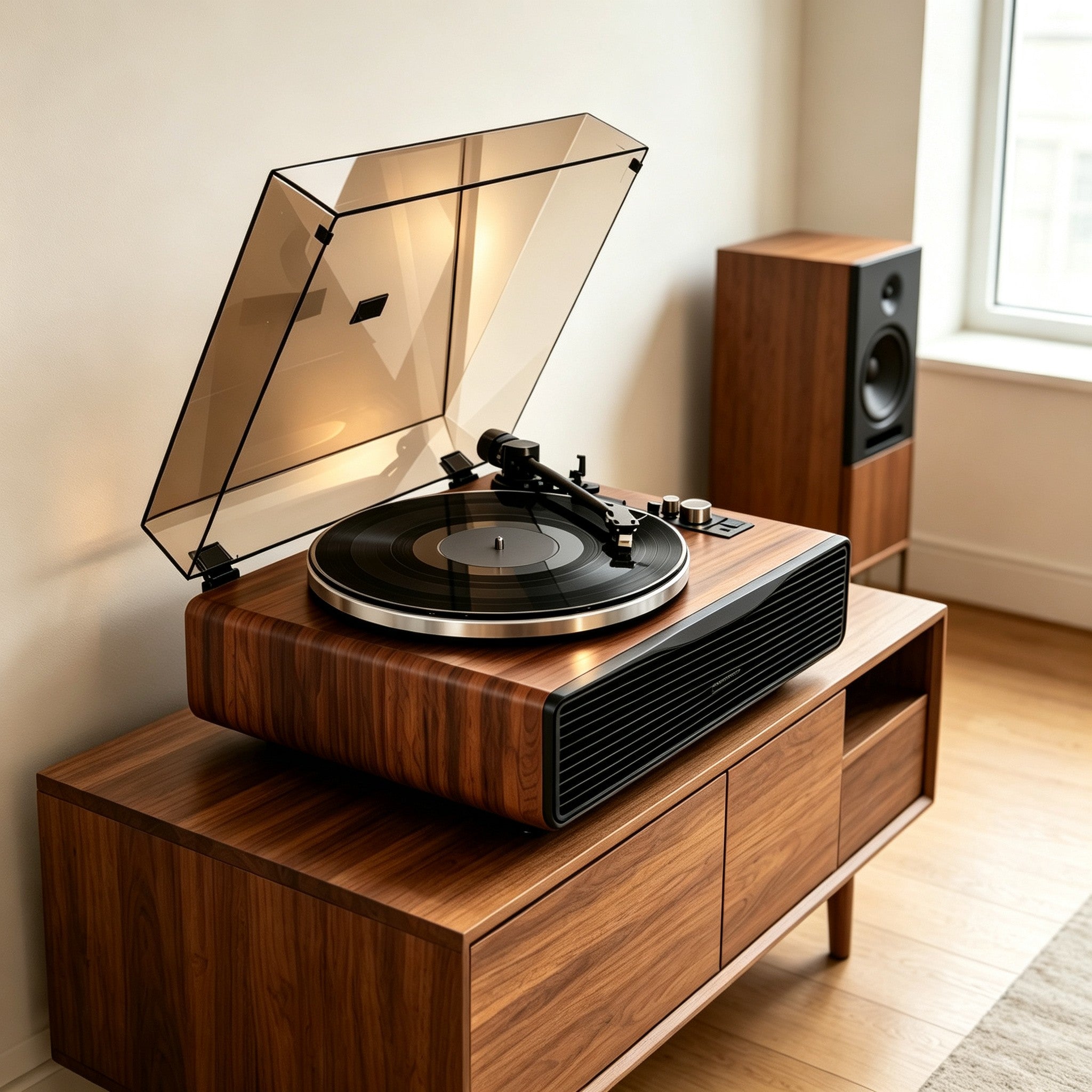 AUDURA turntable setup in apartment living space