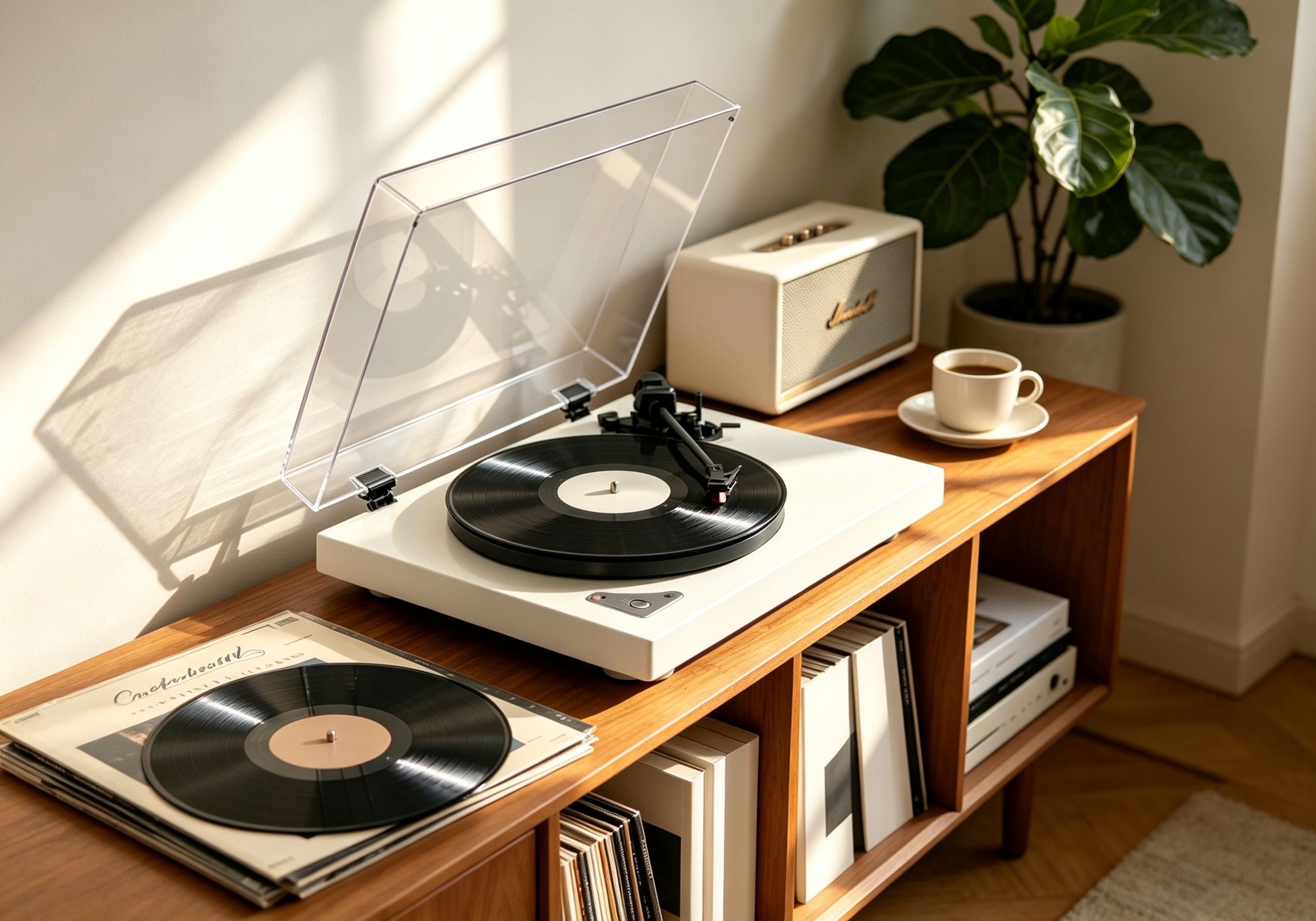 AUDURA vinyl record player setup with a record, speakers, and a comfortable home listening space