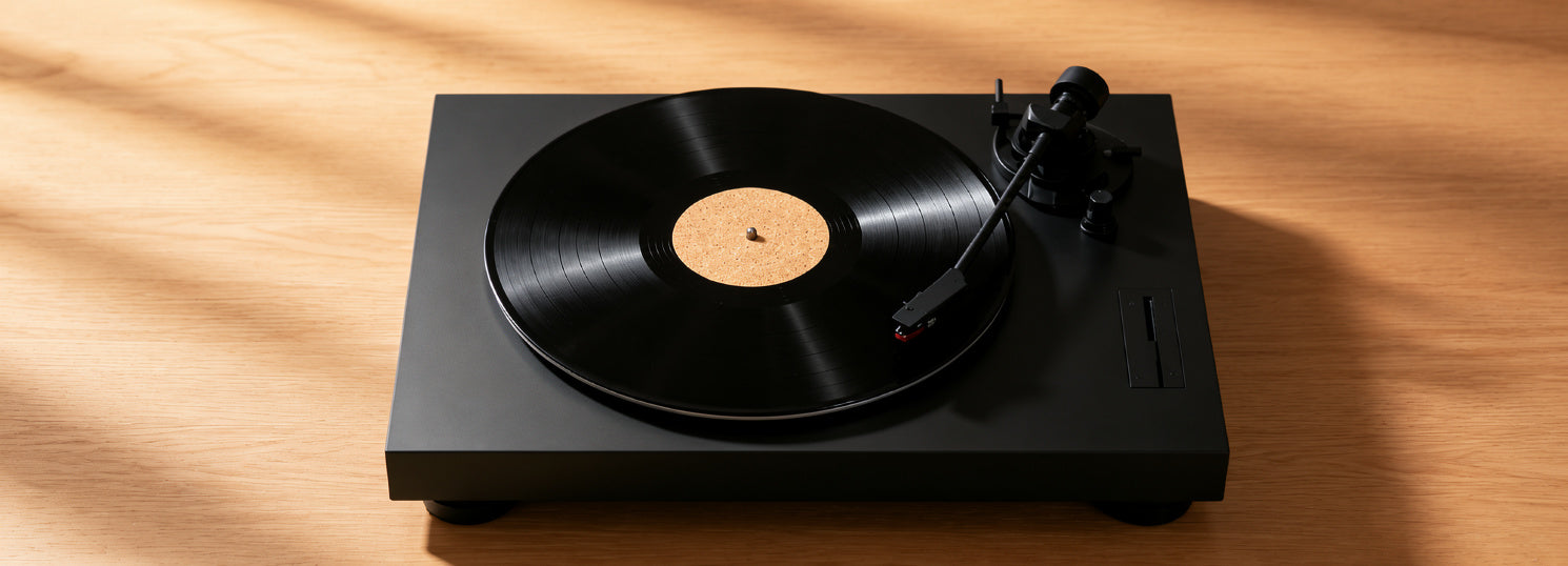 AUDURA premium cork turntable mat installed on a modern vinyl setup for cleaner playback and improved stability