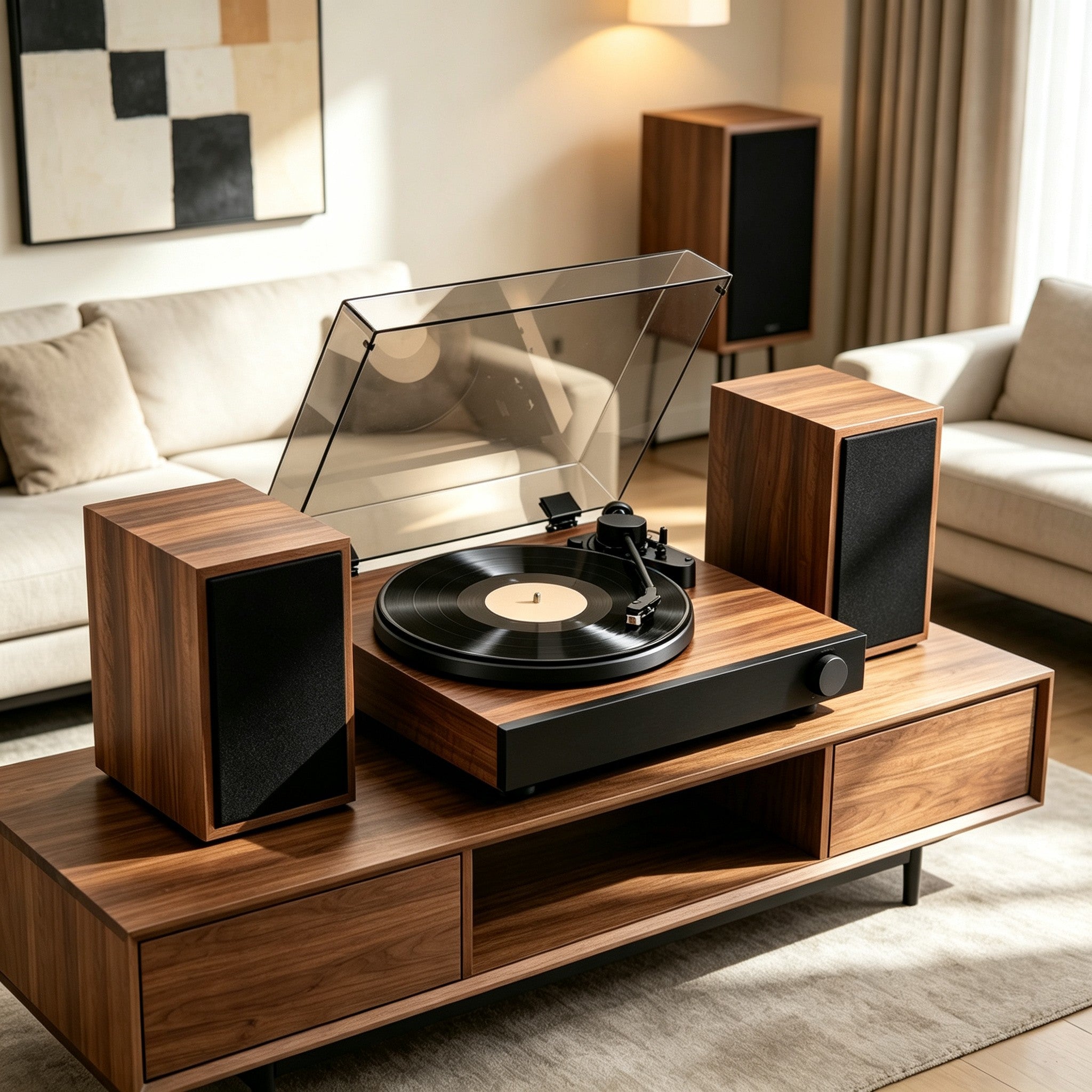 AUDURA turntable living room audio setup