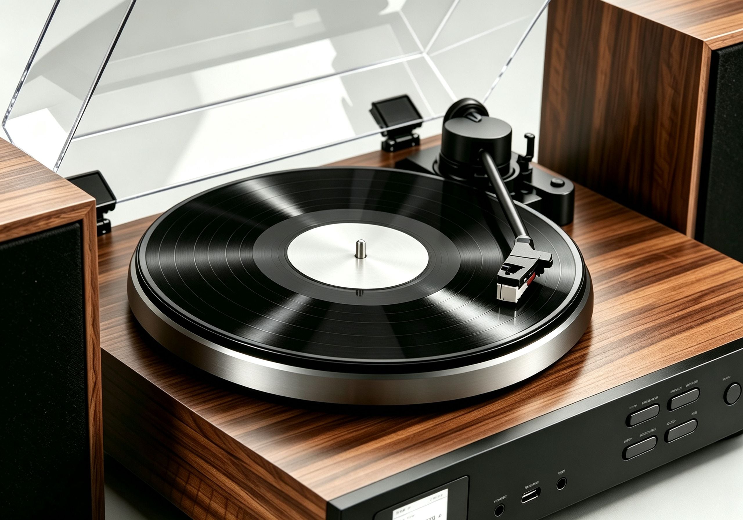 Close-up of AUDURA One belt-drive turntable with cartridge and aluminum platter