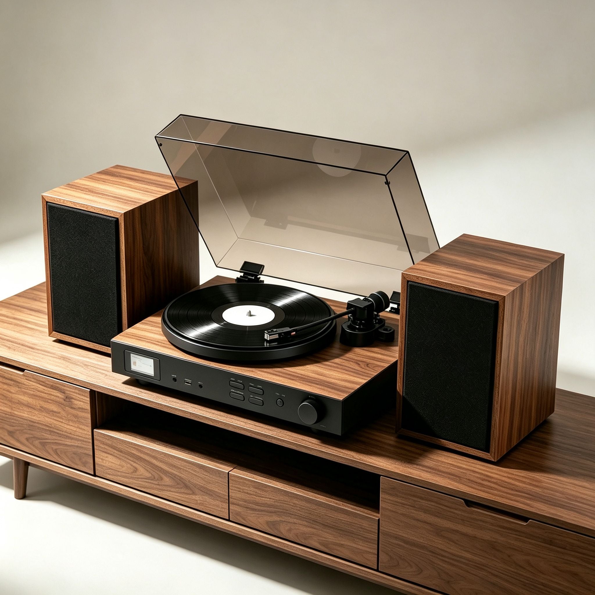 AUDURA One turntable with dedicated external stereo bookshelf speakers