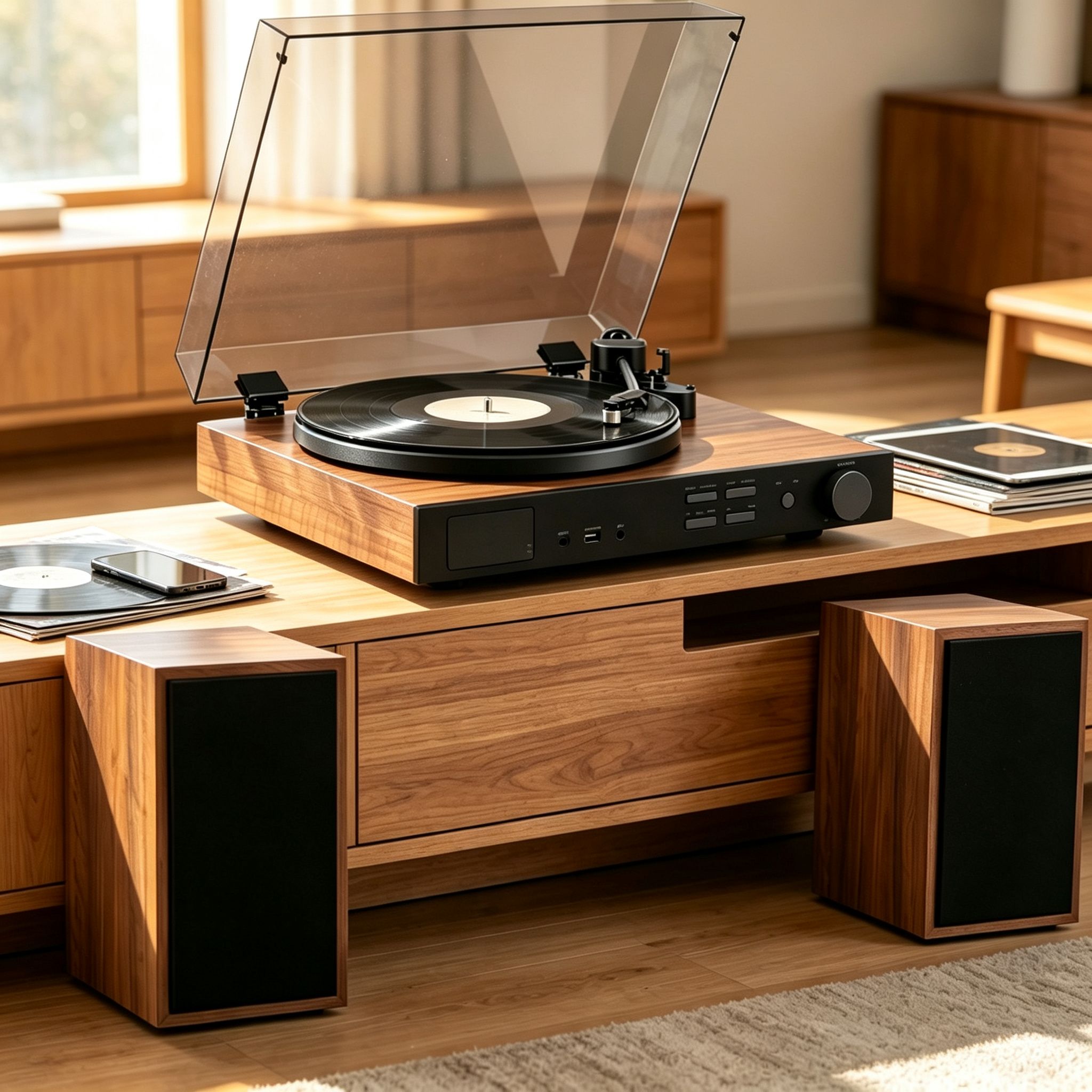 AUDURA One complete home vinyl system with streaming audio setup in modern living room