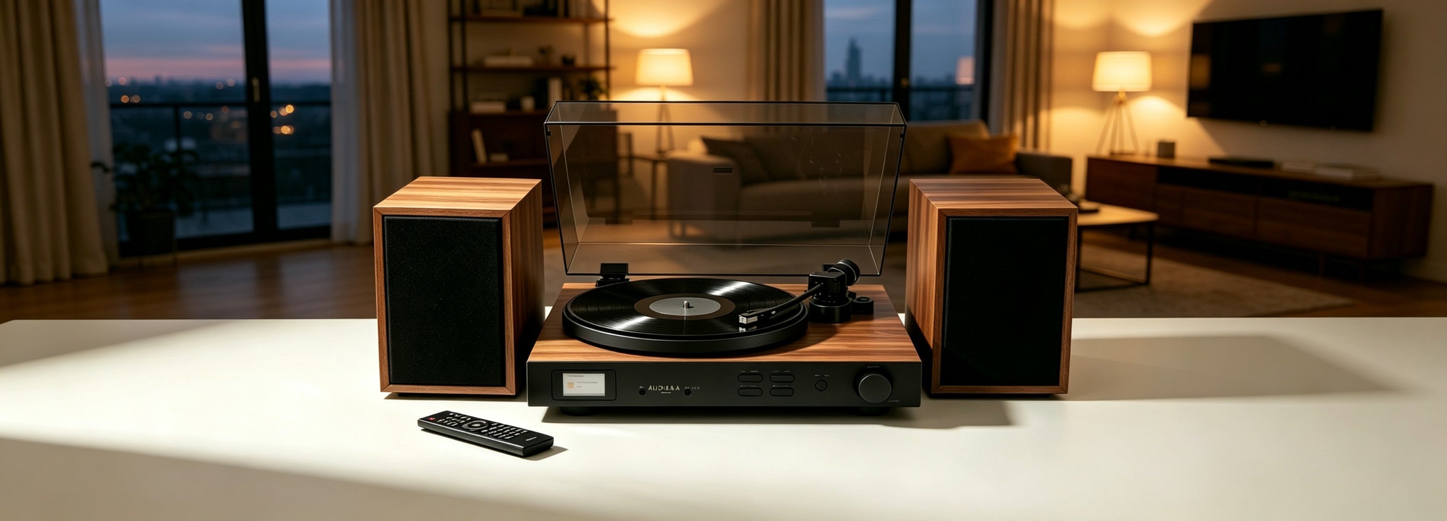 AUDURA One premium vinyl home audio system with stereo speakers