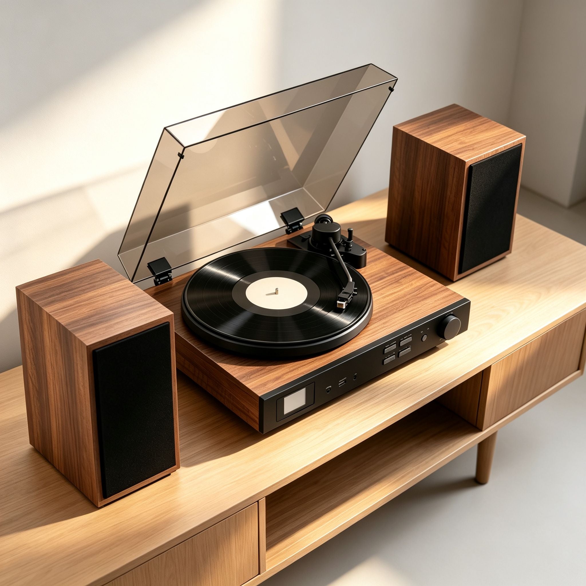 AUDURA One Walnut premium vinyl record player with dedicated stereo speakers
