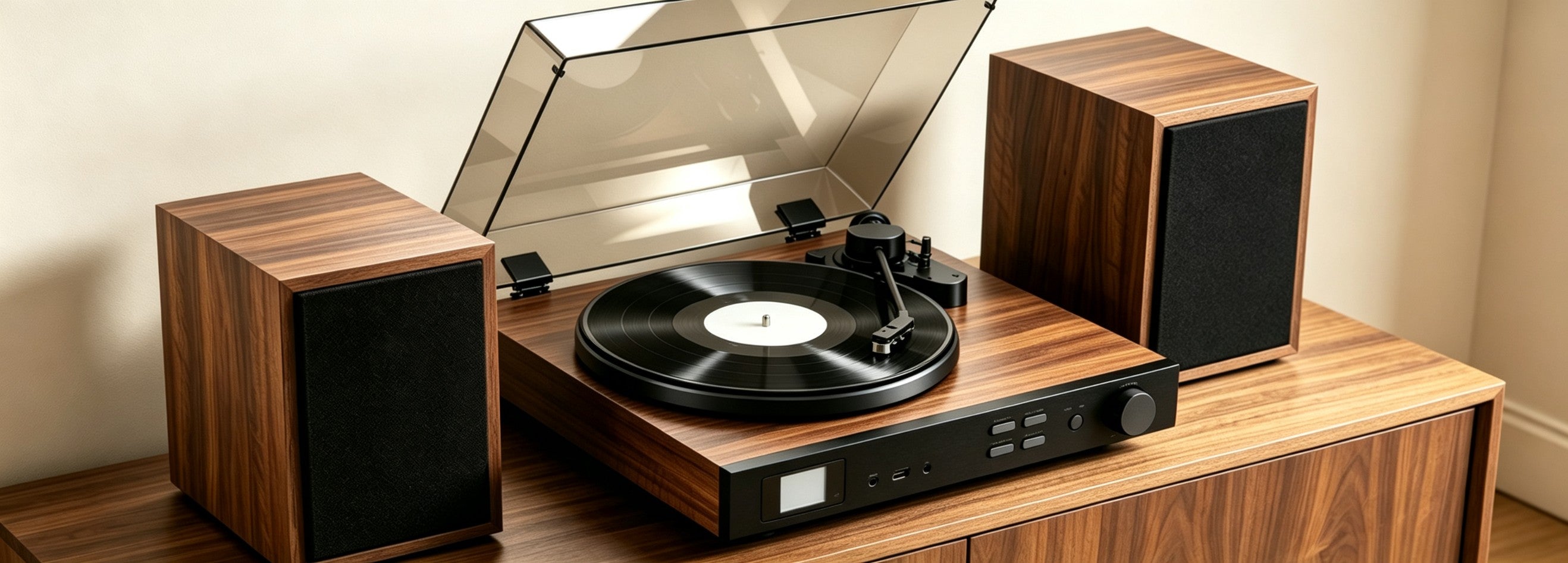 AUDURA One Walnut premium vinyl record player with dedicated stereo bookshelf speakers