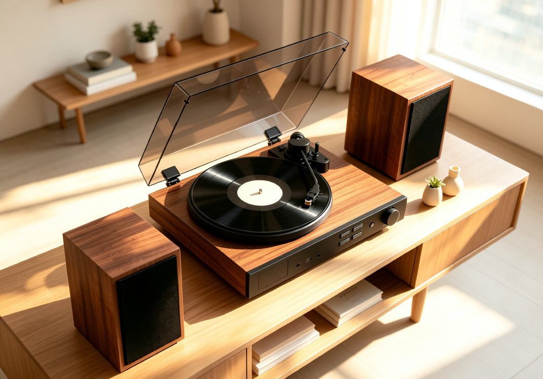 AUDURA One premium vinyl system with integrated speakers for elegant home listening