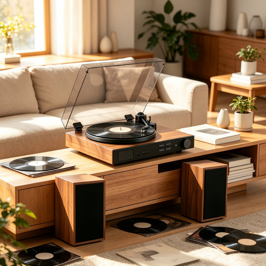 AUDURA One premium vinyl system with integrated speakers for home listening