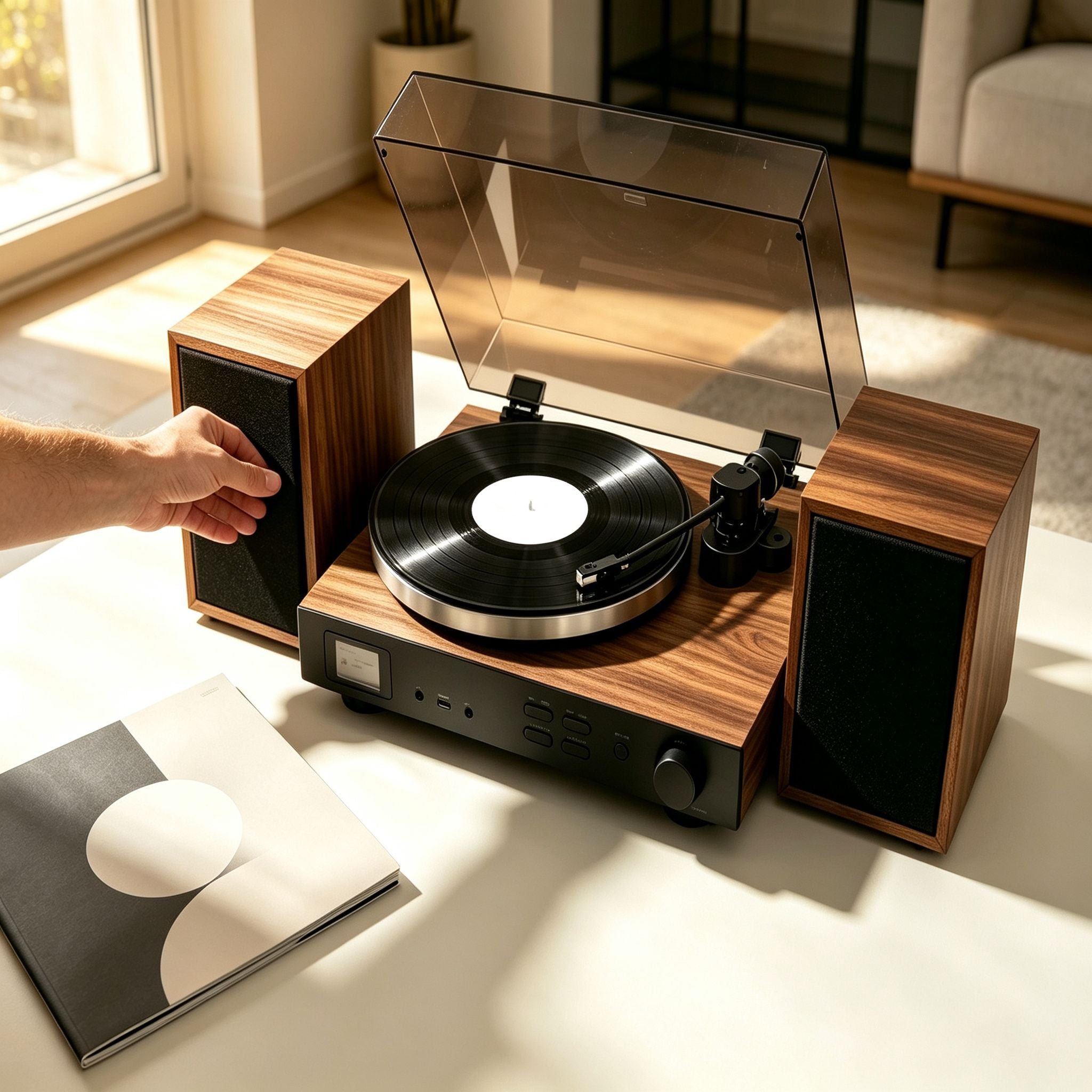 Listening to a vinyl record on the AUDURA One Walnut turntable