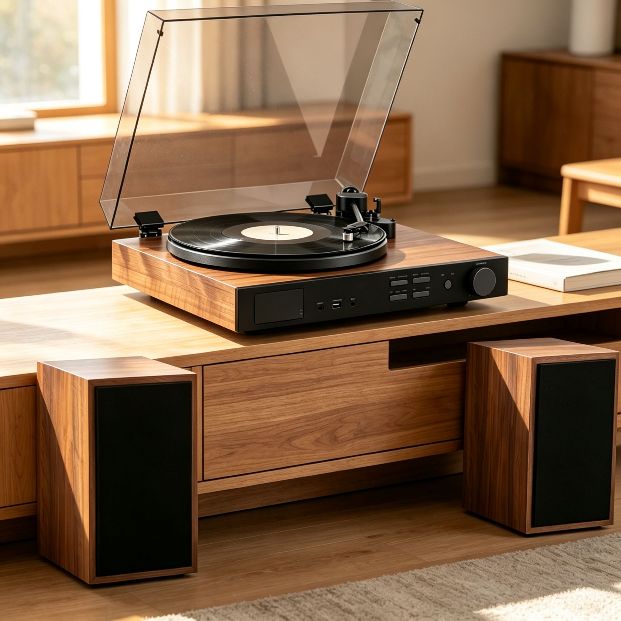 AUDURA One Walnut home audio system in a modern living space