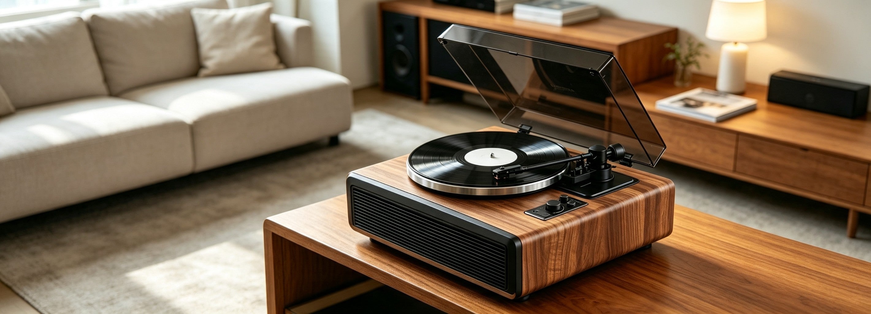 AUDURA Play Walnut all-in-one vinyl system with built-in speakers, Bluetooth and carbon fiber tonearm