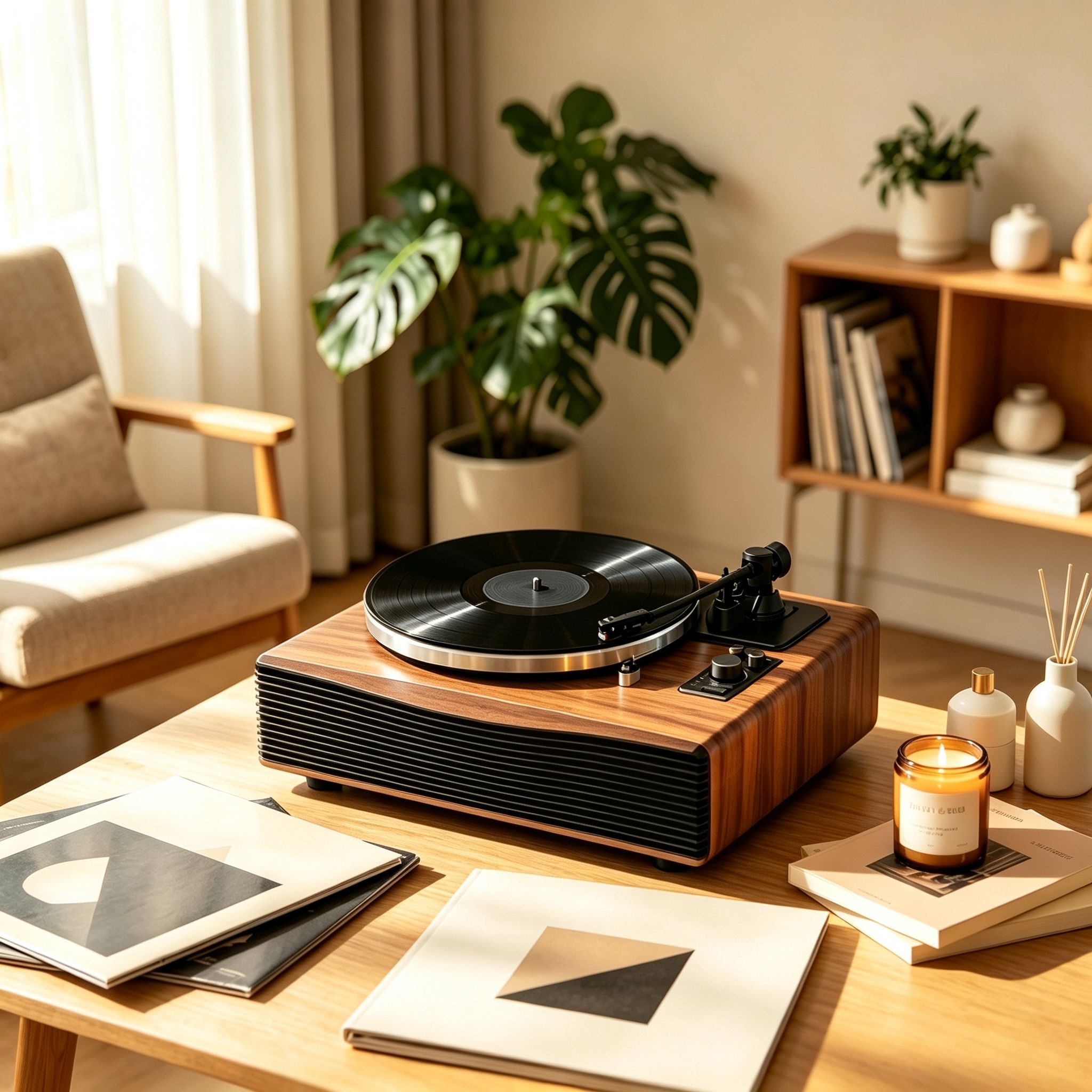AUDURA Play all-in-one vinyl system in a comfortable home listening corner