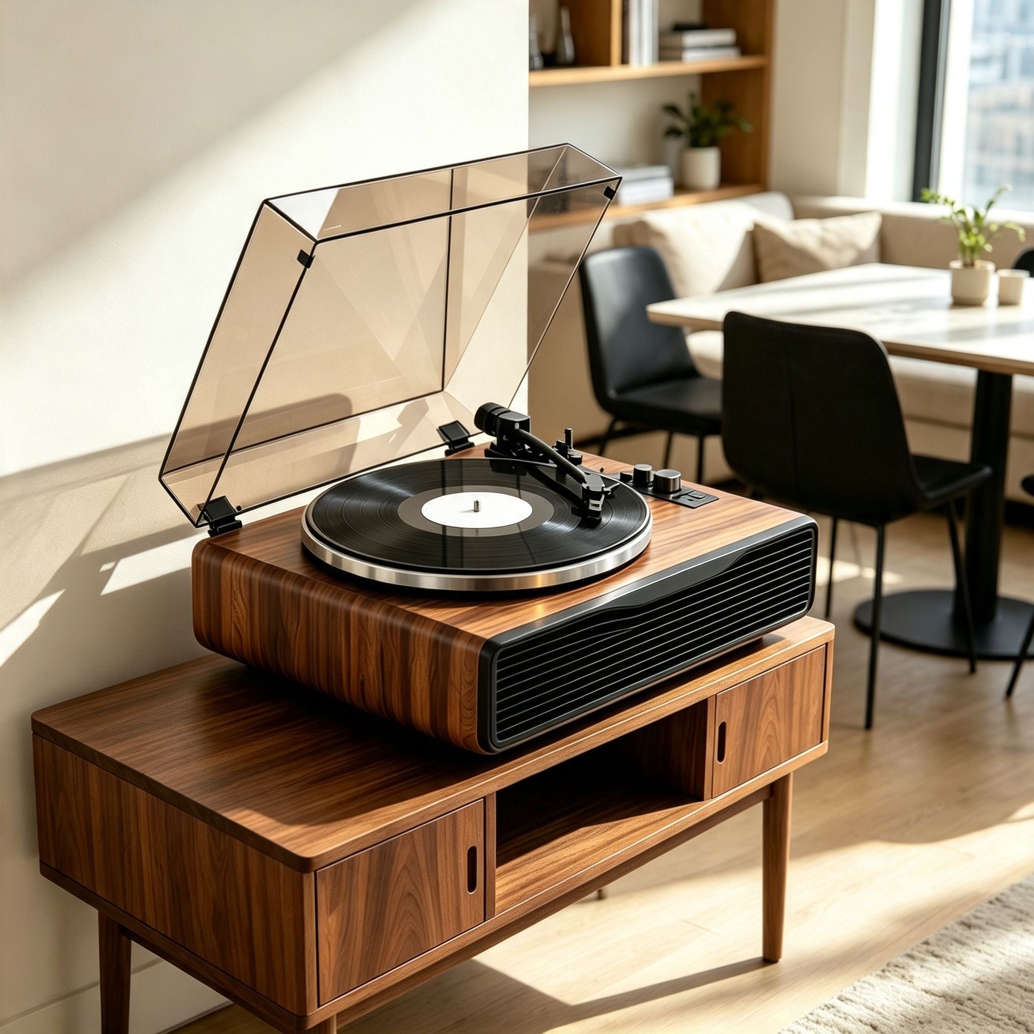 AUDURA Play Walnut all-in-one vinyl system in a modern apartment