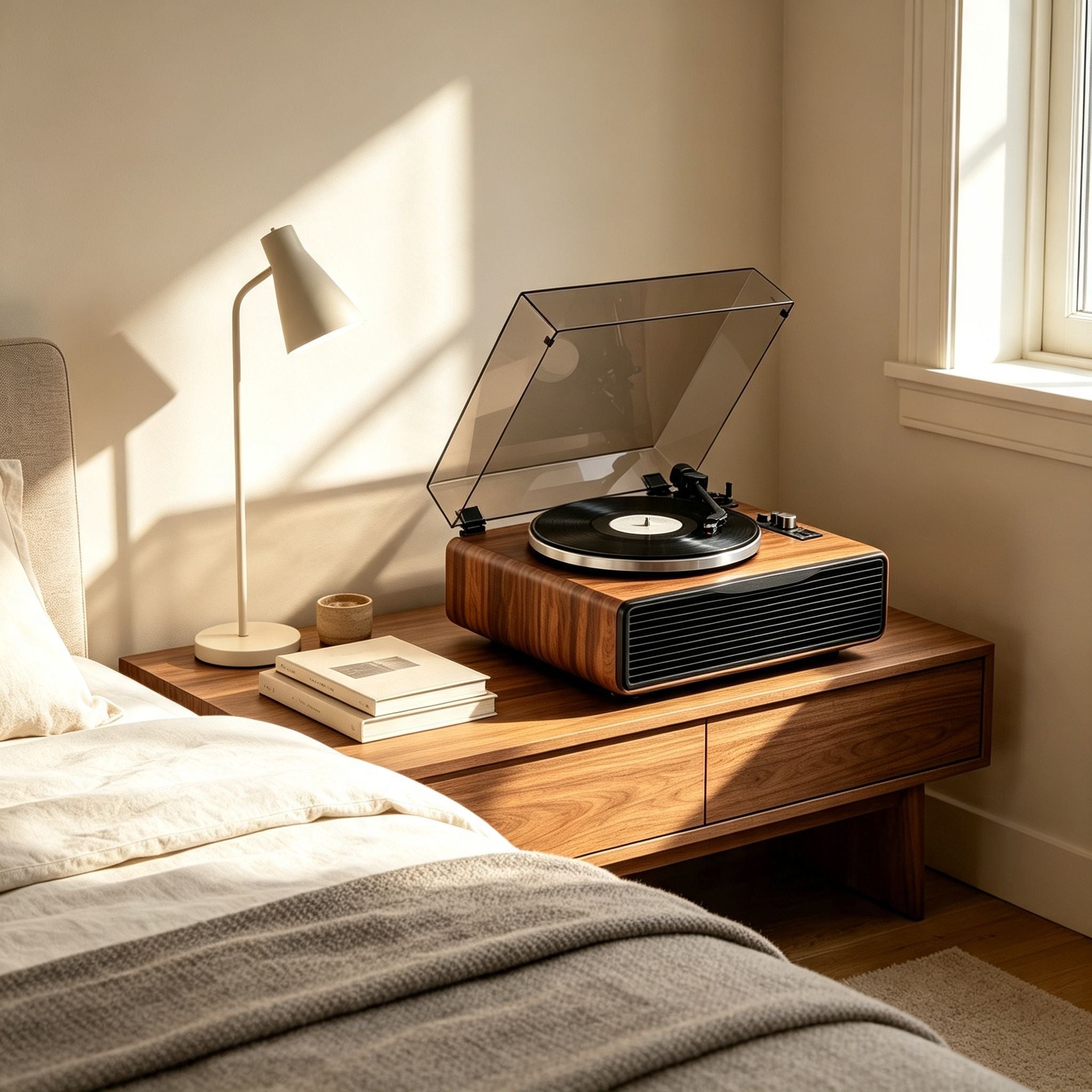 AUDURA Play Walnut record player in a modern bedroom listening space