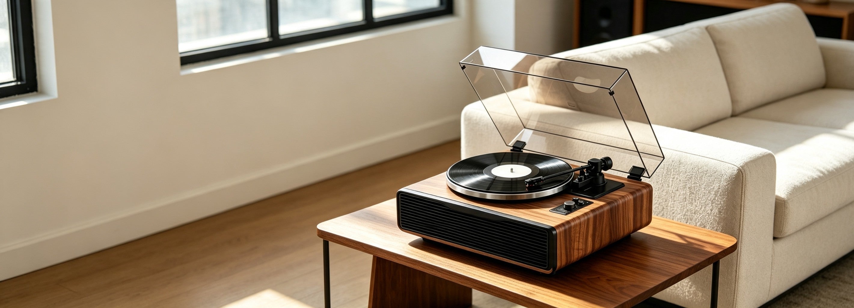 AUDURA Play Walnut all-in-one record player in a modern living room