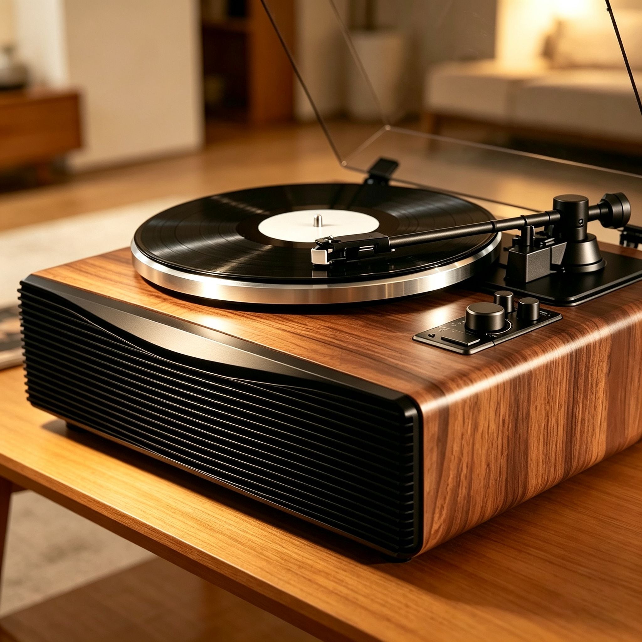 AUDURA Play Walnut turntable with tonearm, platter and vinyl record detail