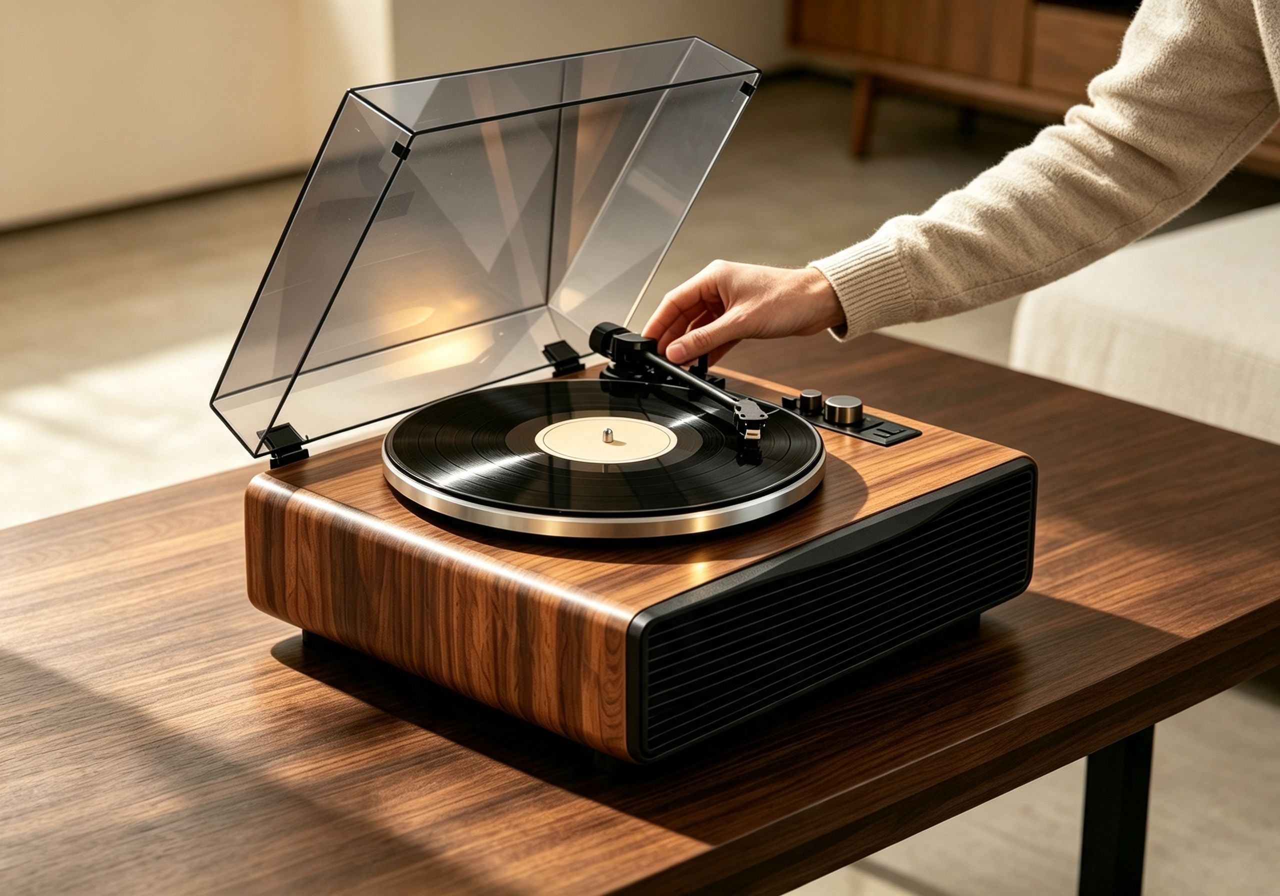 AUDURA Play Walnut record player creating a simple vinyl listening experience