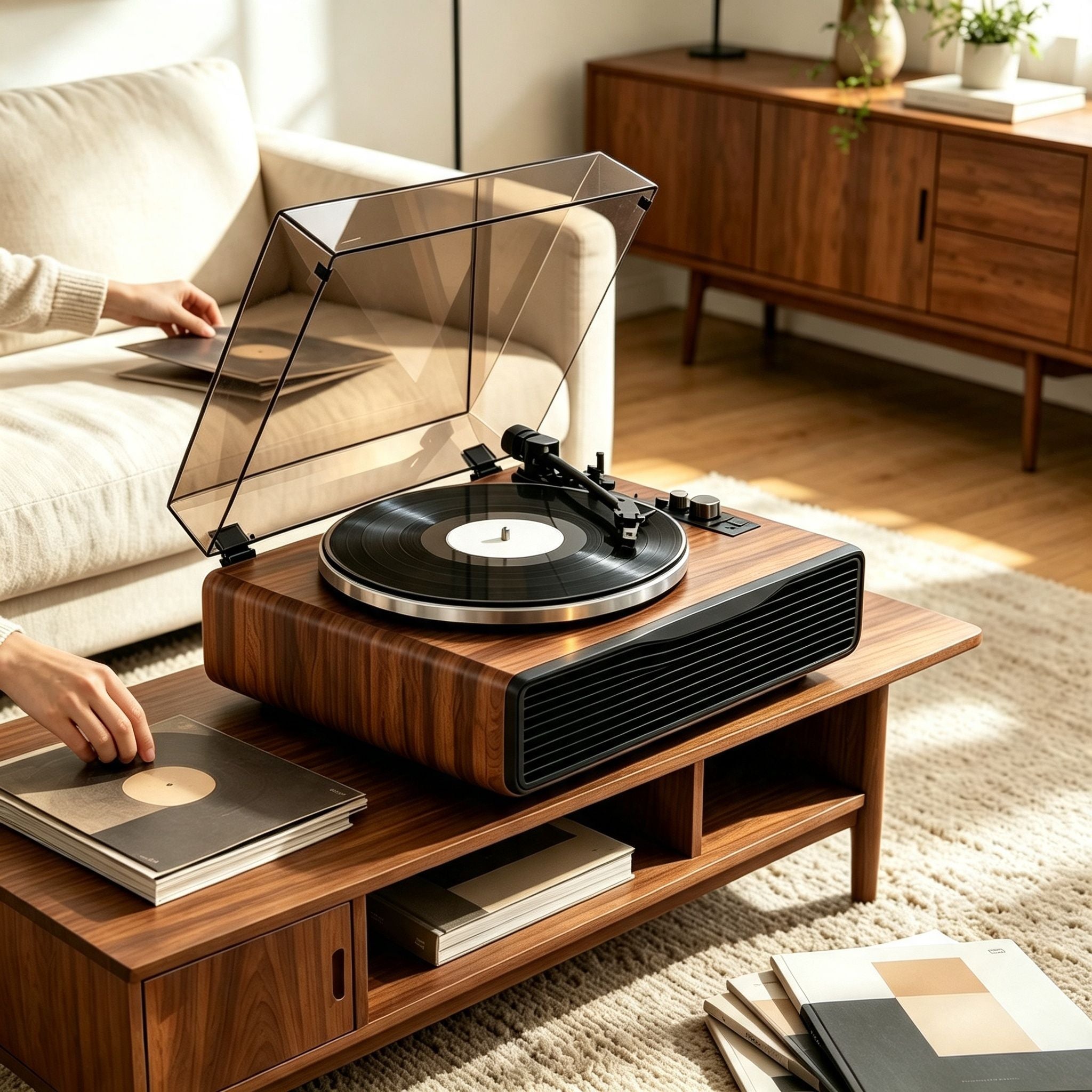 AUDURA Play Walnut record player in a relaxed vinyl listening lifestyle setting