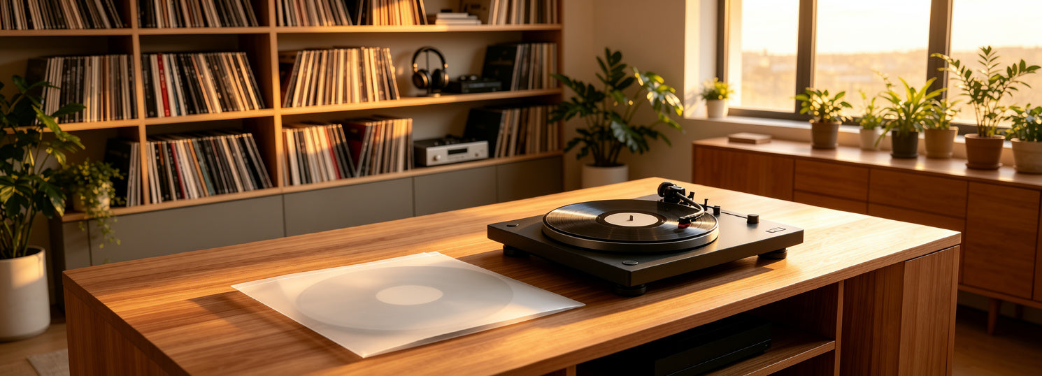 AUDURA anti static vinyl record inner sleeves in a premium home listening room with a turntable