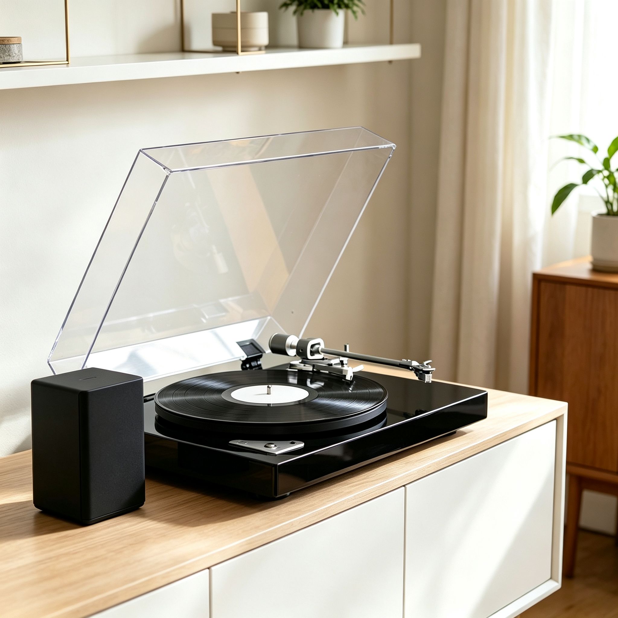 AUDURA Pure Bluetooth turntable connected to a wireless speaker