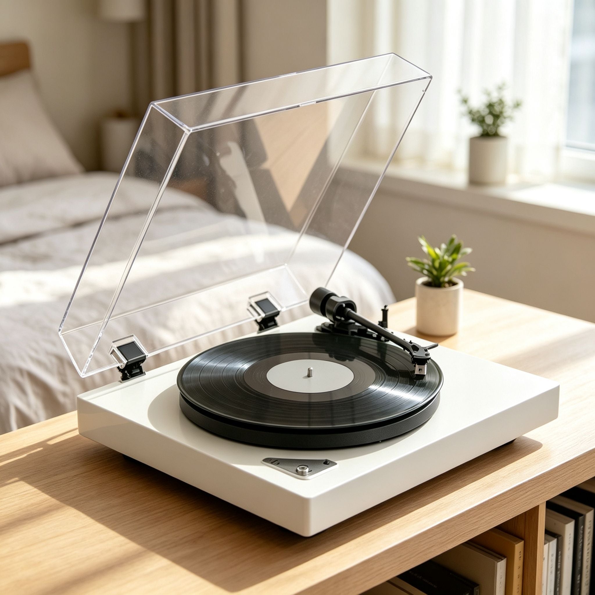 AUDURA Pure minimal Bluetooth turntable in modern bedroom setup