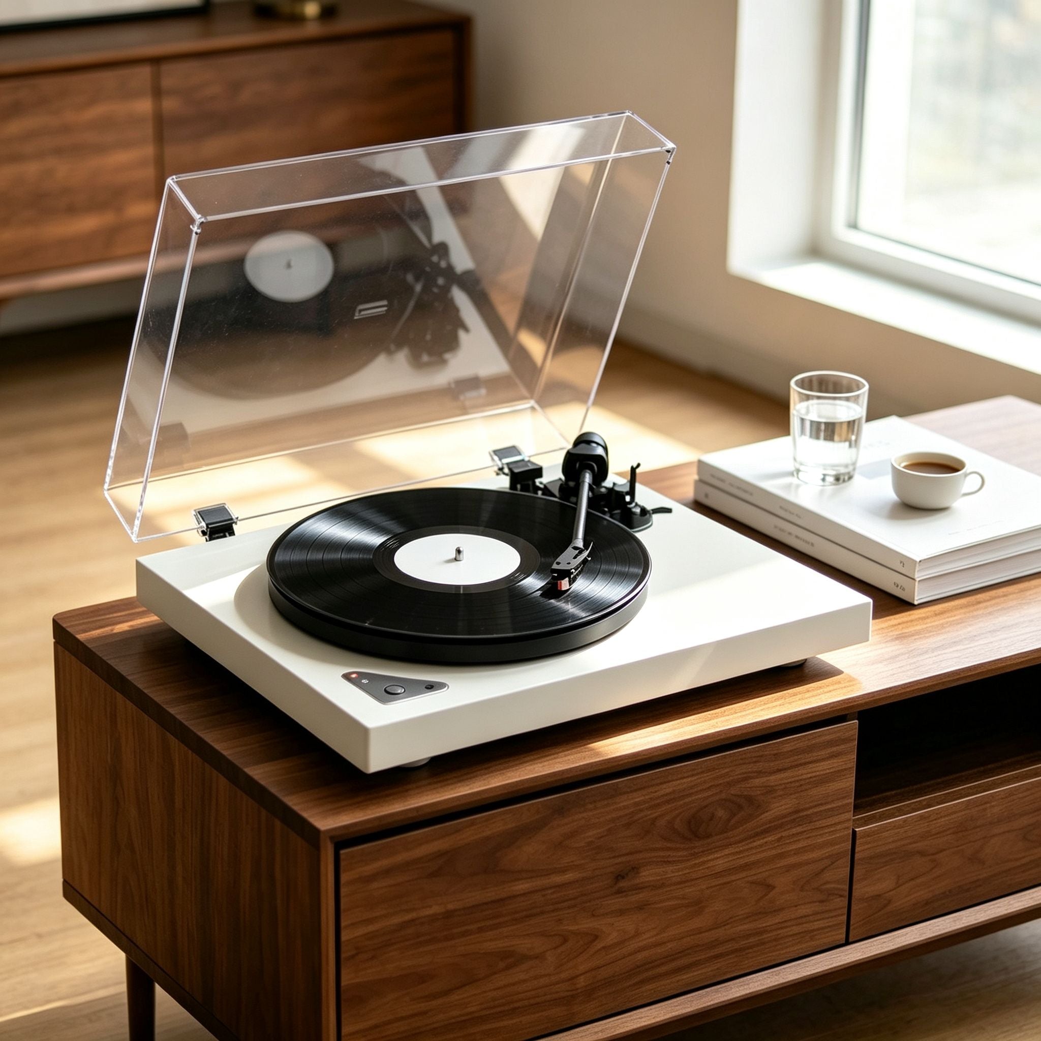AUDURA Pure turntable playing vinyl record with tonearm lowered