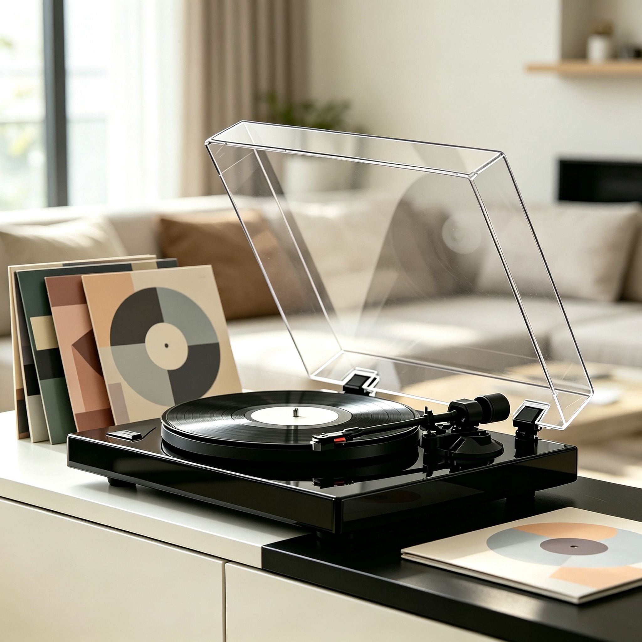 AUDURA Pure turntable with a vinyl record collection in a modern home