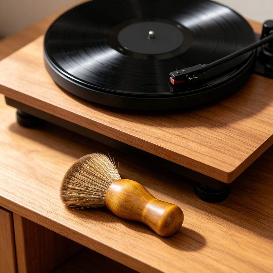 AUDURA anti-static vinyl cleaning brush beside a minimalist turntable