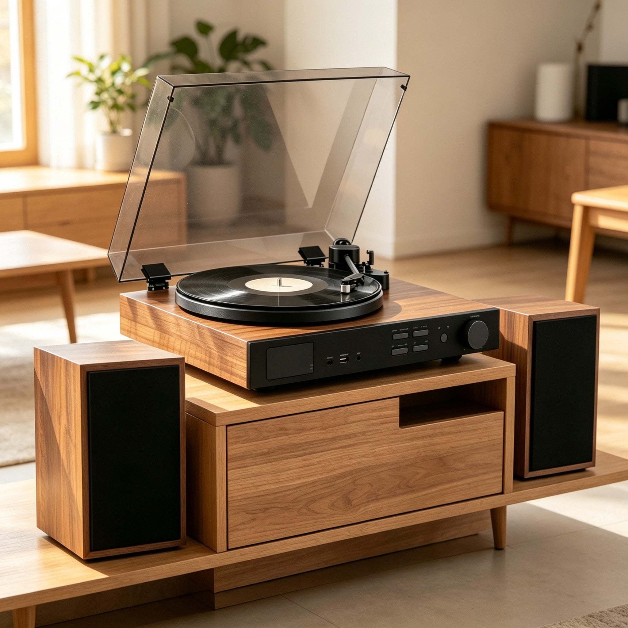 AUDURA turntable and speaker placement for balanced vinyl sound