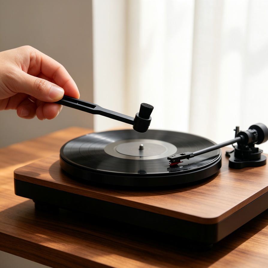 Using AUDURA stylus cleaning brush on a turntable stylus
