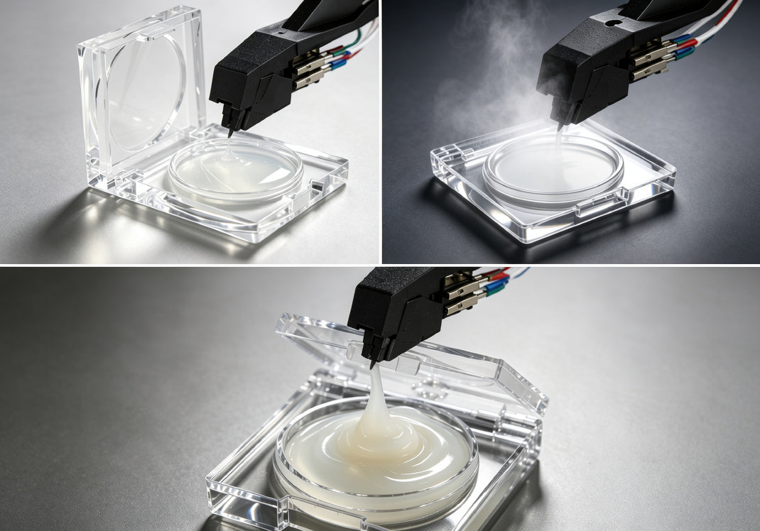 Three-step instructions for using AUDURA Stylus Cleaning Gel to safely remove dust from a turntable stylus