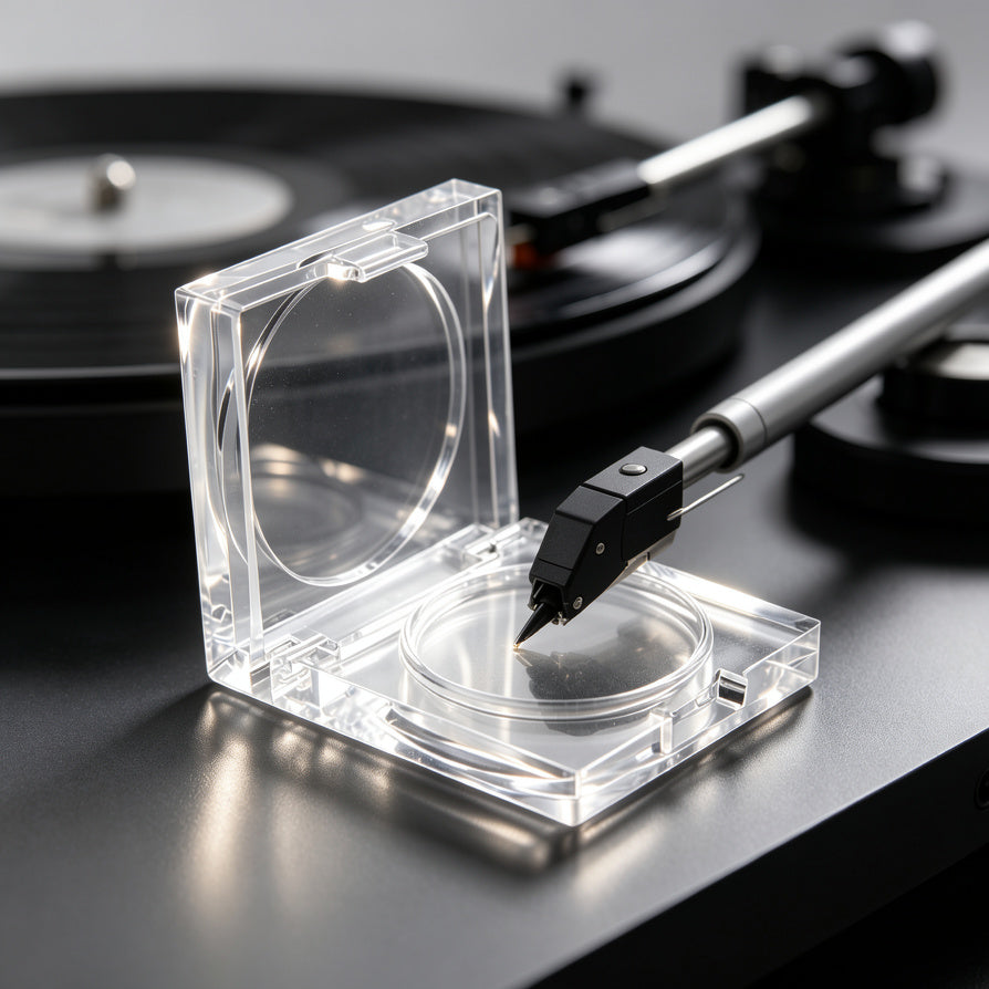 AUDURA stylus cleaning gel protecting a turntable stylus before playback