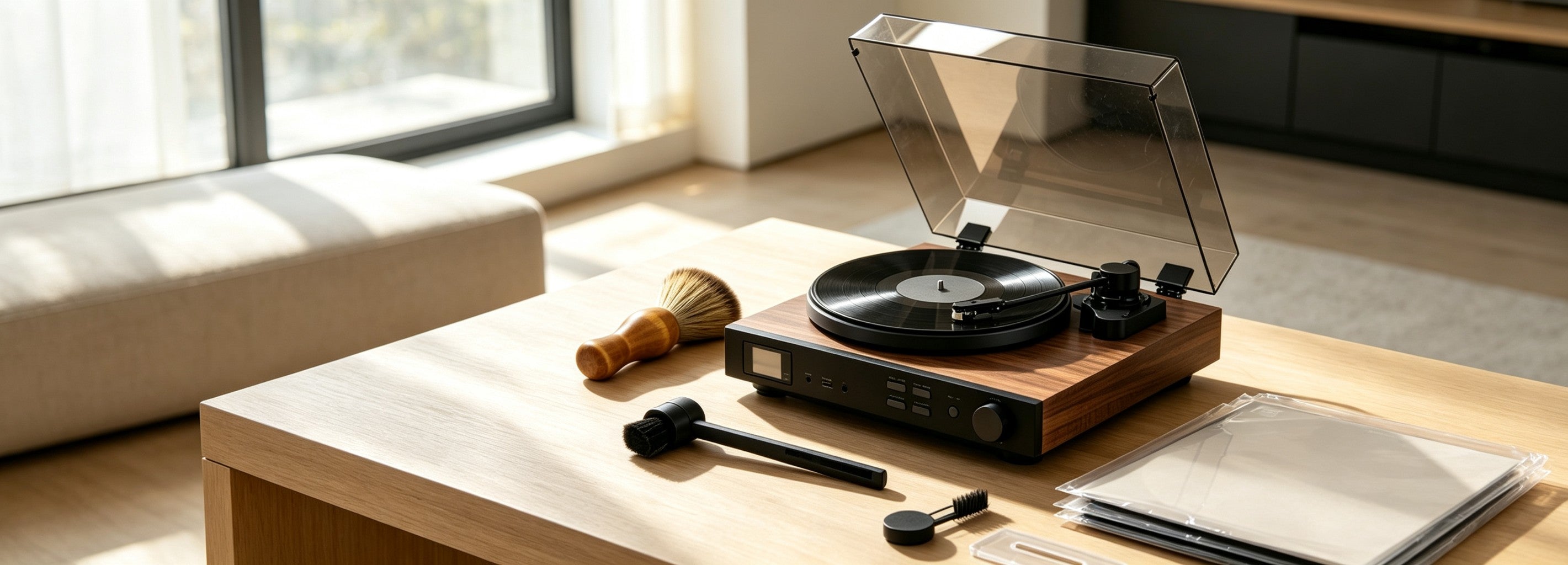 AUDURA turntable accessories including vinyl care brush, stylus cleaning tools, and record protection essentials beside a turntable setup