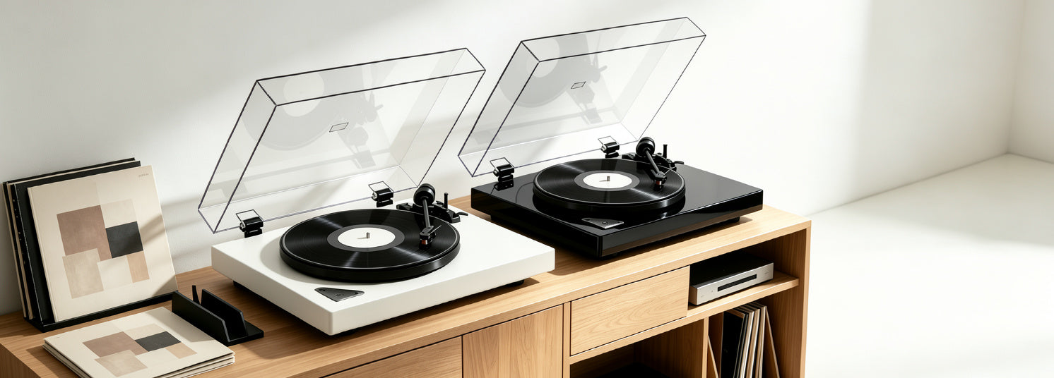 AUDURA turntable system selection banner featuring premium vinyl record player setup in a modern listening space