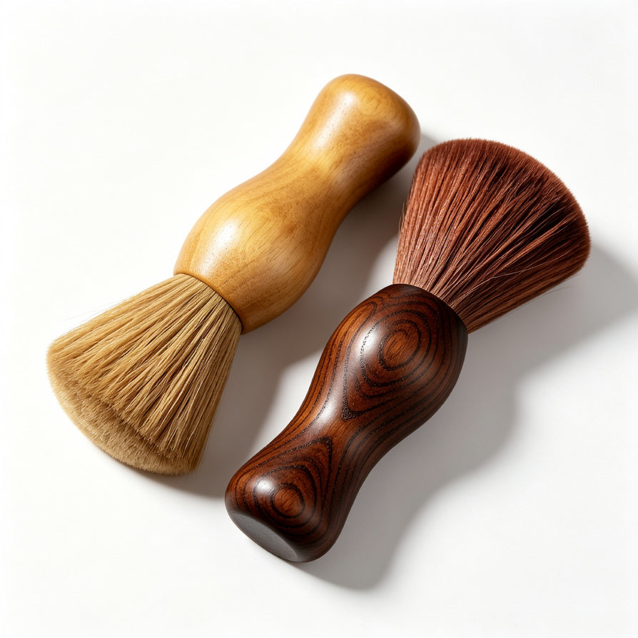 AUDURA vinyl record brush in natural wood and dark wood finishes