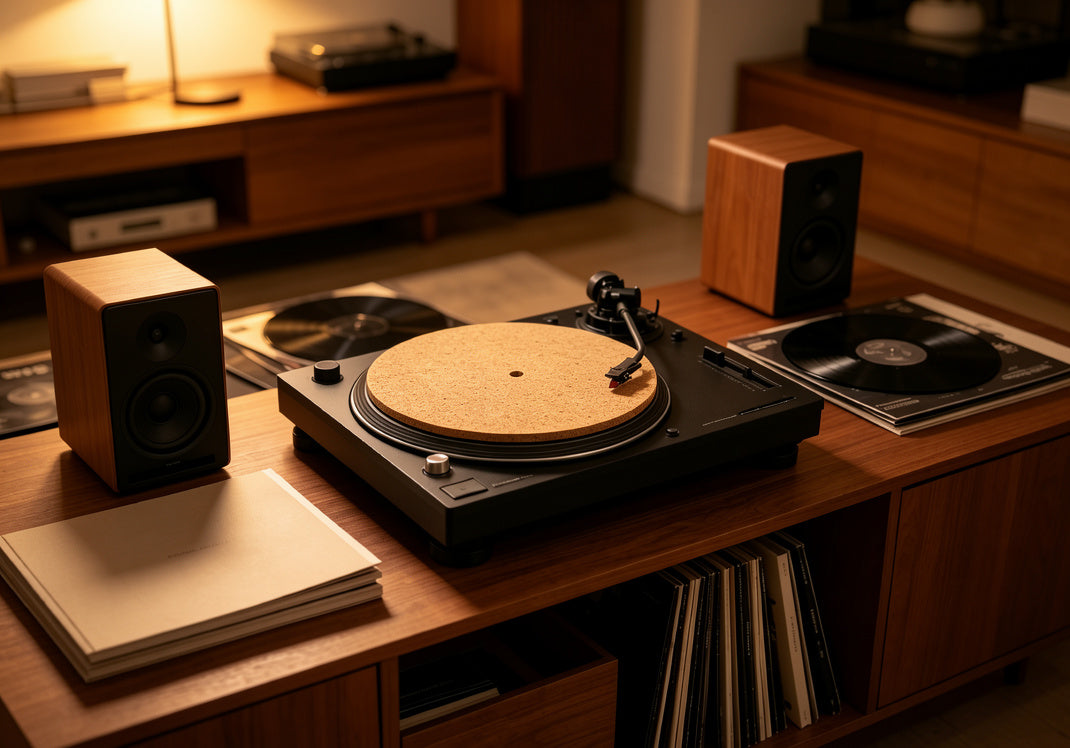 AUDURA cork turntable mat in a premium vinyl listening setup for slow music sessions