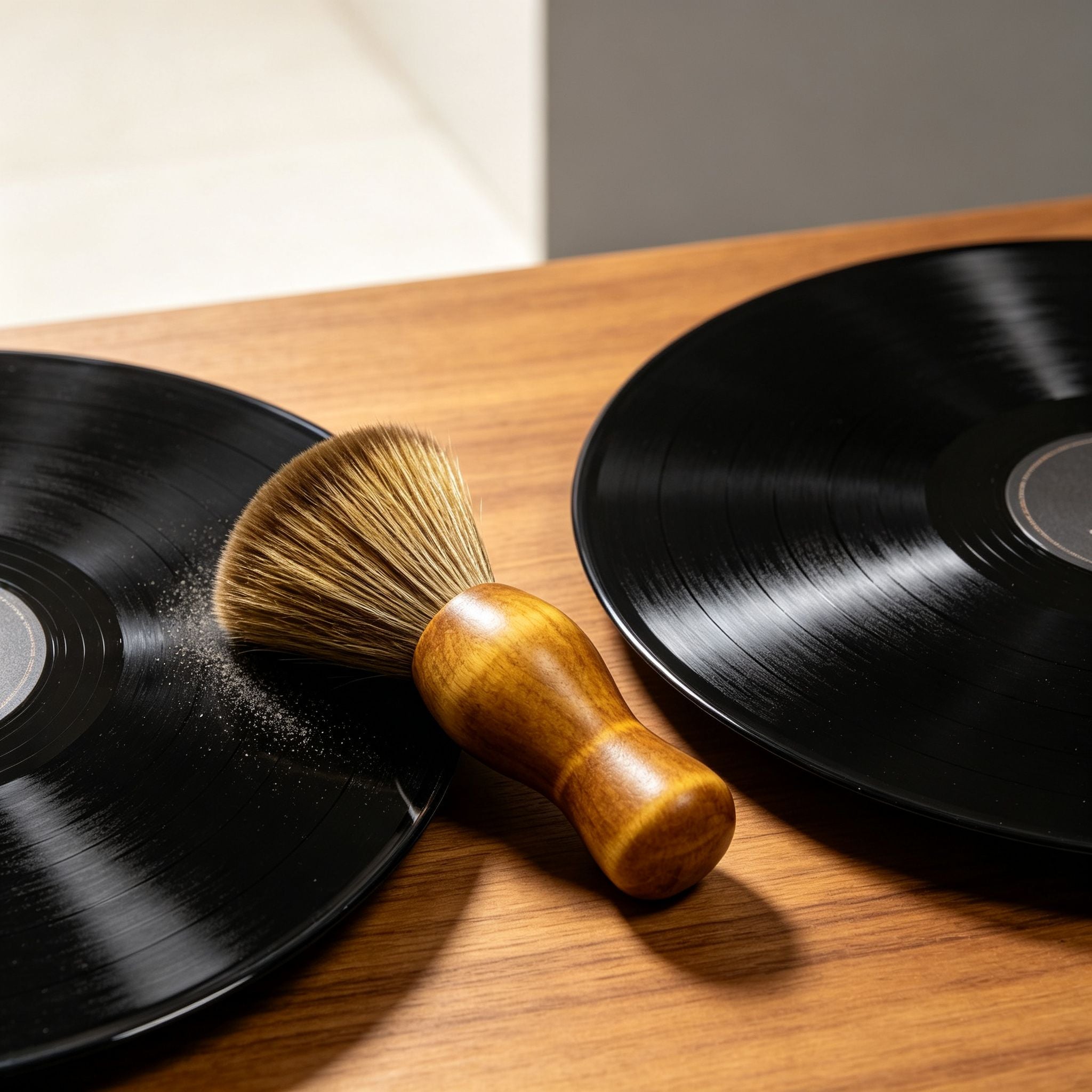 AUDURA vinyl record cleaning brush removing dust from black vinyl record surface before playback