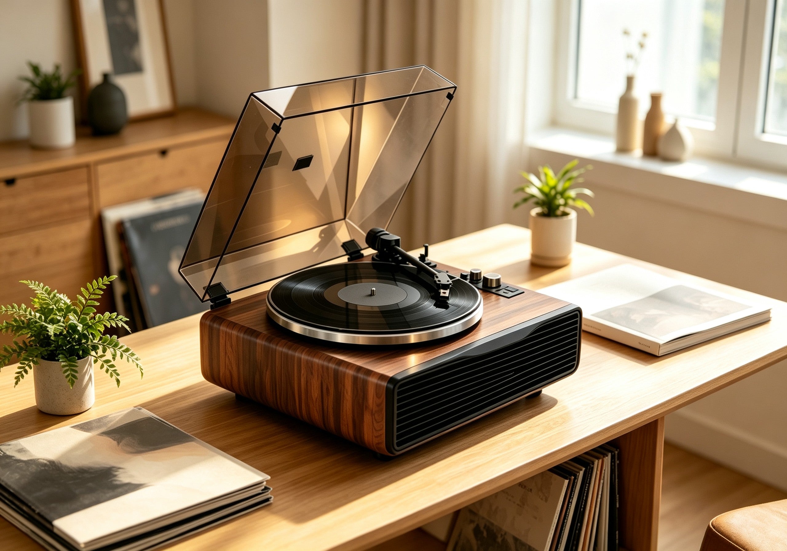 AUDURA vinyl record player showing beginner-friendly features including easy setup, stylus, speakers, and Bluetooth connectivity