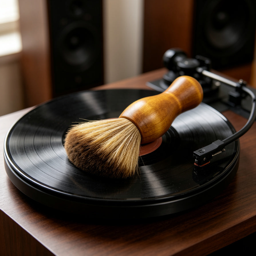 AUDURA vinyl brush cleaning dust from a record surface