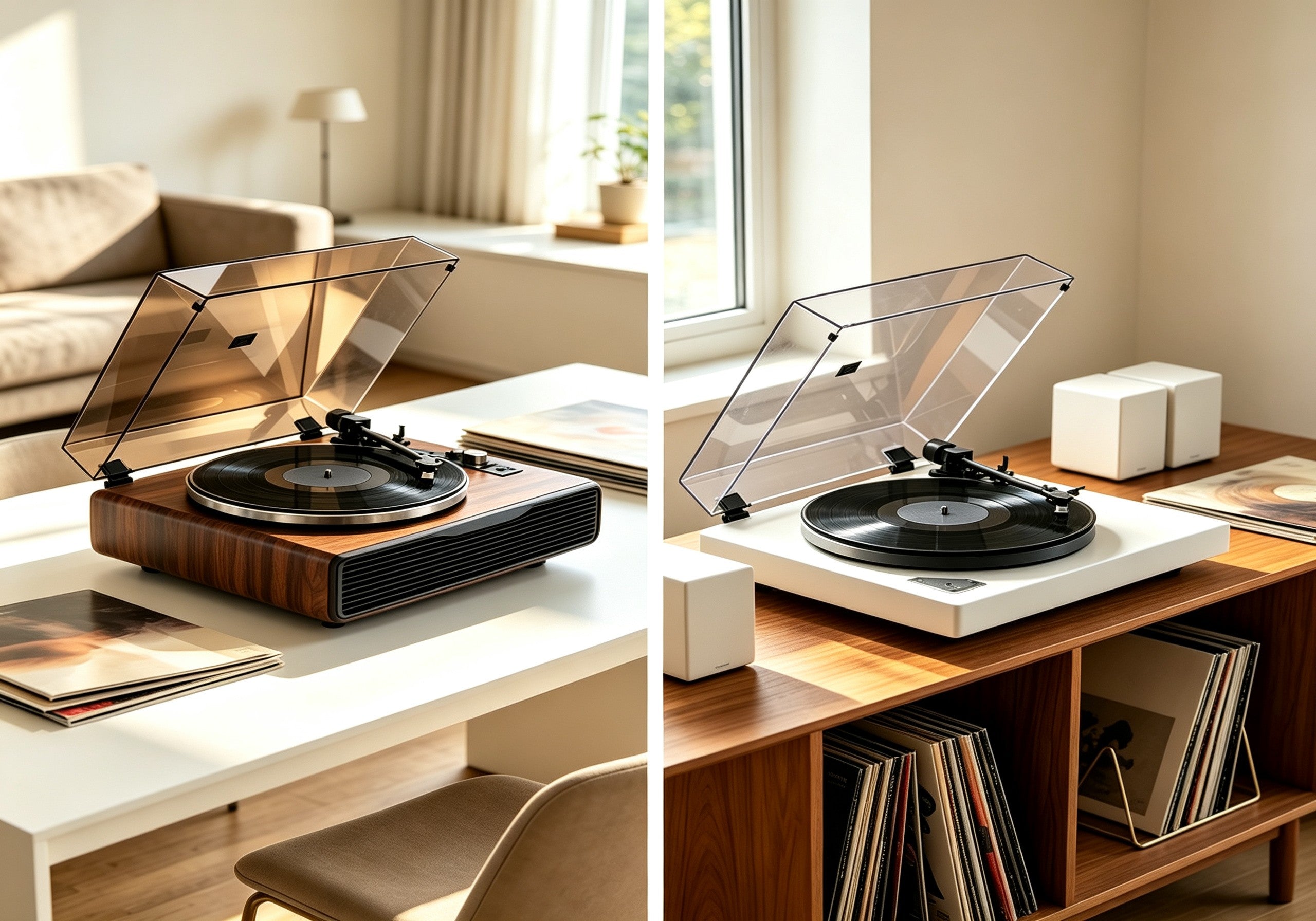 AUDURA vinyl system lifestyle showing simple all-in-one and flexible turntable setups