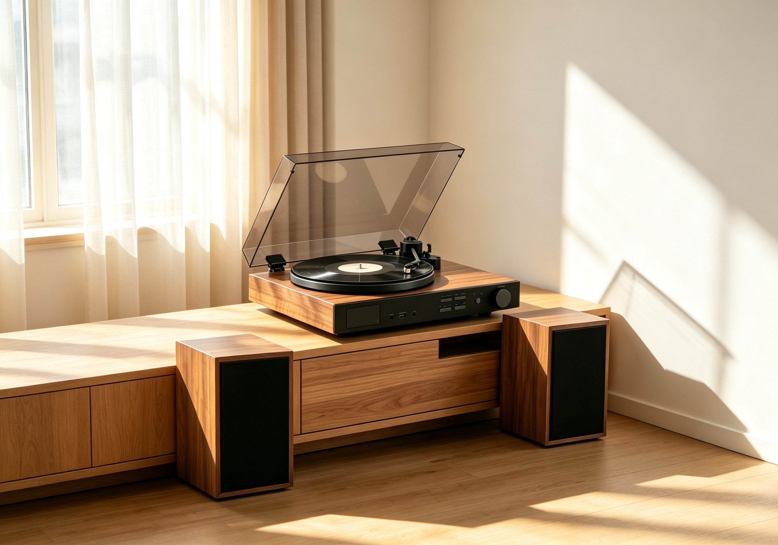 AUDURA vinyl audio system integrated into modern home design
