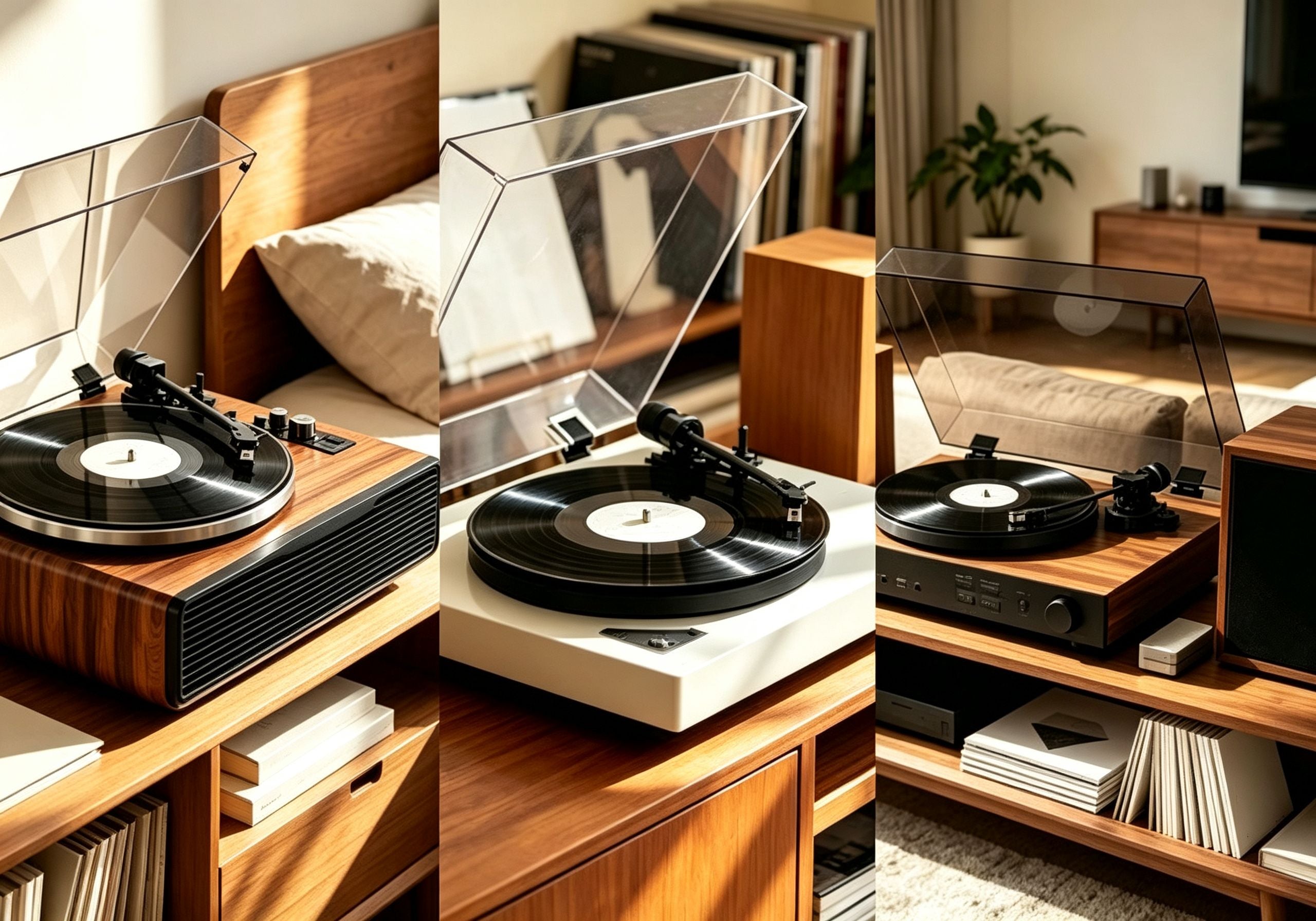 AUDURA vinyl system options showing all-in-one, traditional turntable, and home audio setups for beginners