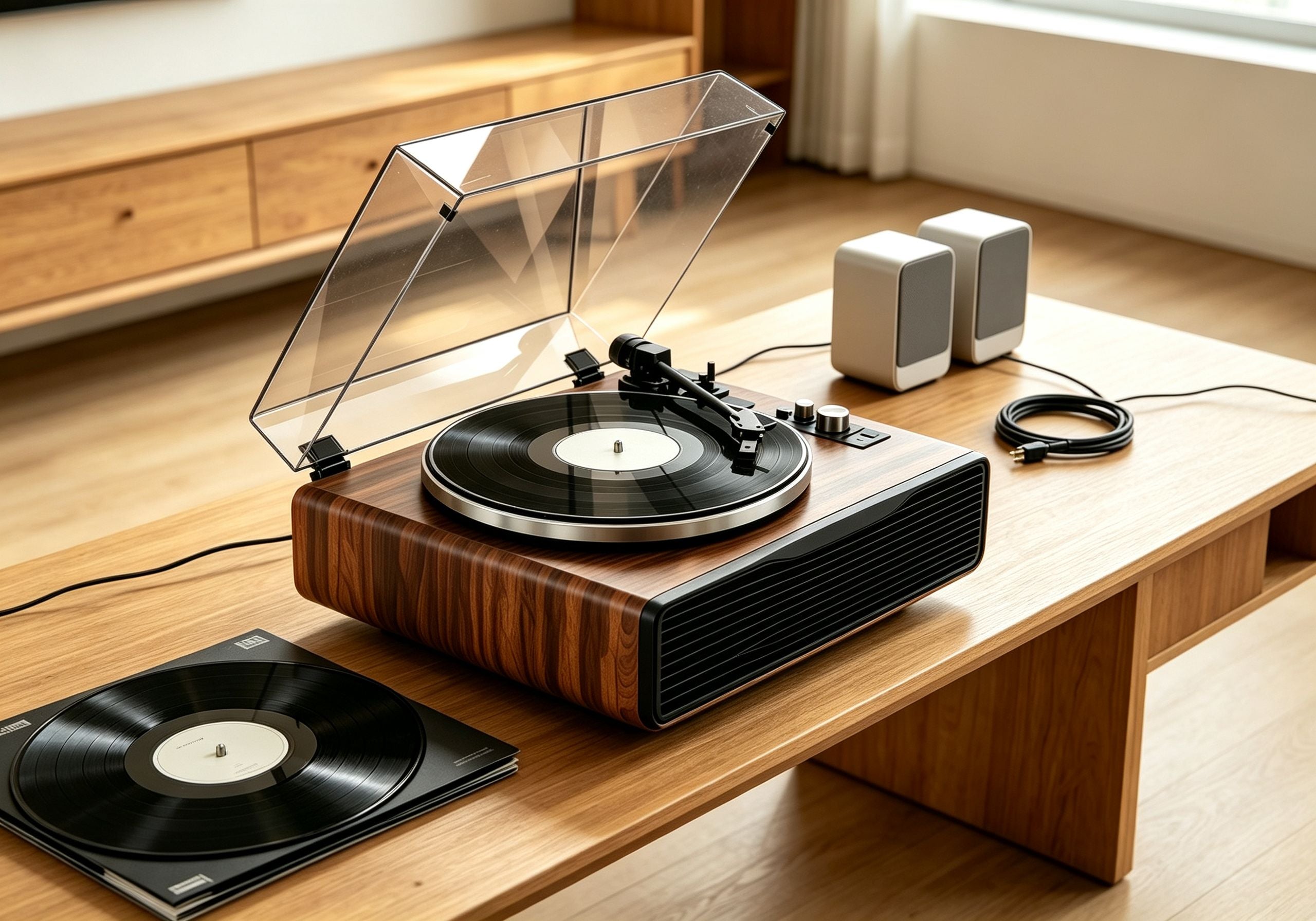 AUDURA turntable setup checklist showing a vinyl record, speakers, power connection, and stable listening surface