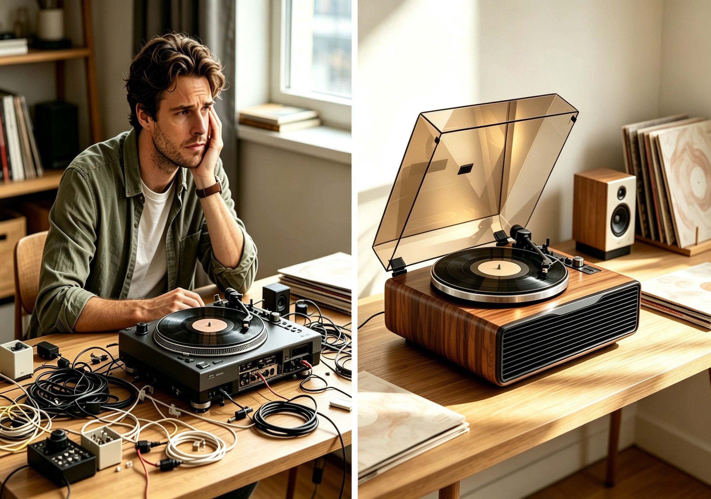 Beginner guide showing common vinyl record player buying mistakes and the right setup choice