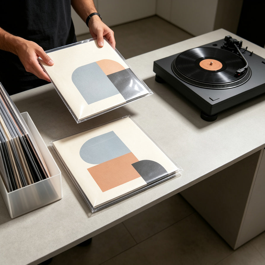 DJ protecting vinyl record jackets with clear outer sleeves during transport
