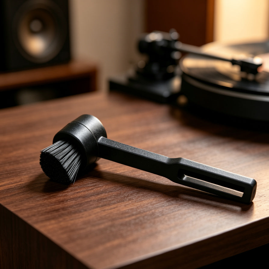 Cleaning a turntable stylus with AUDURA precision brush