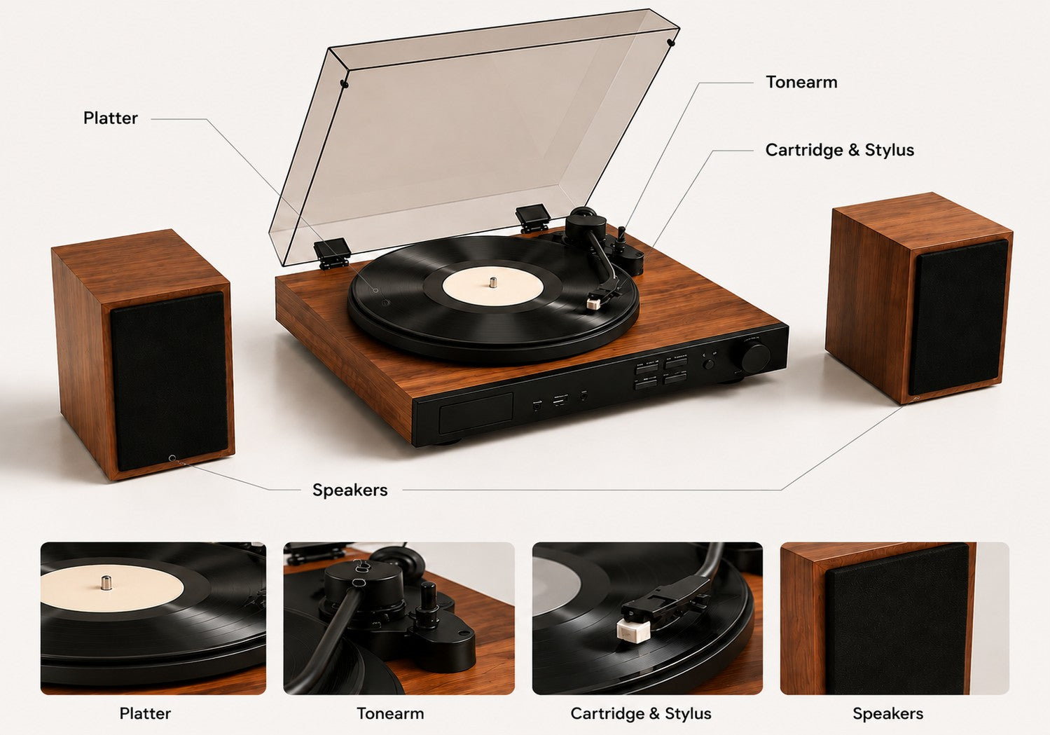 Parts of a vinyl record player including platter tonearm and stylus
